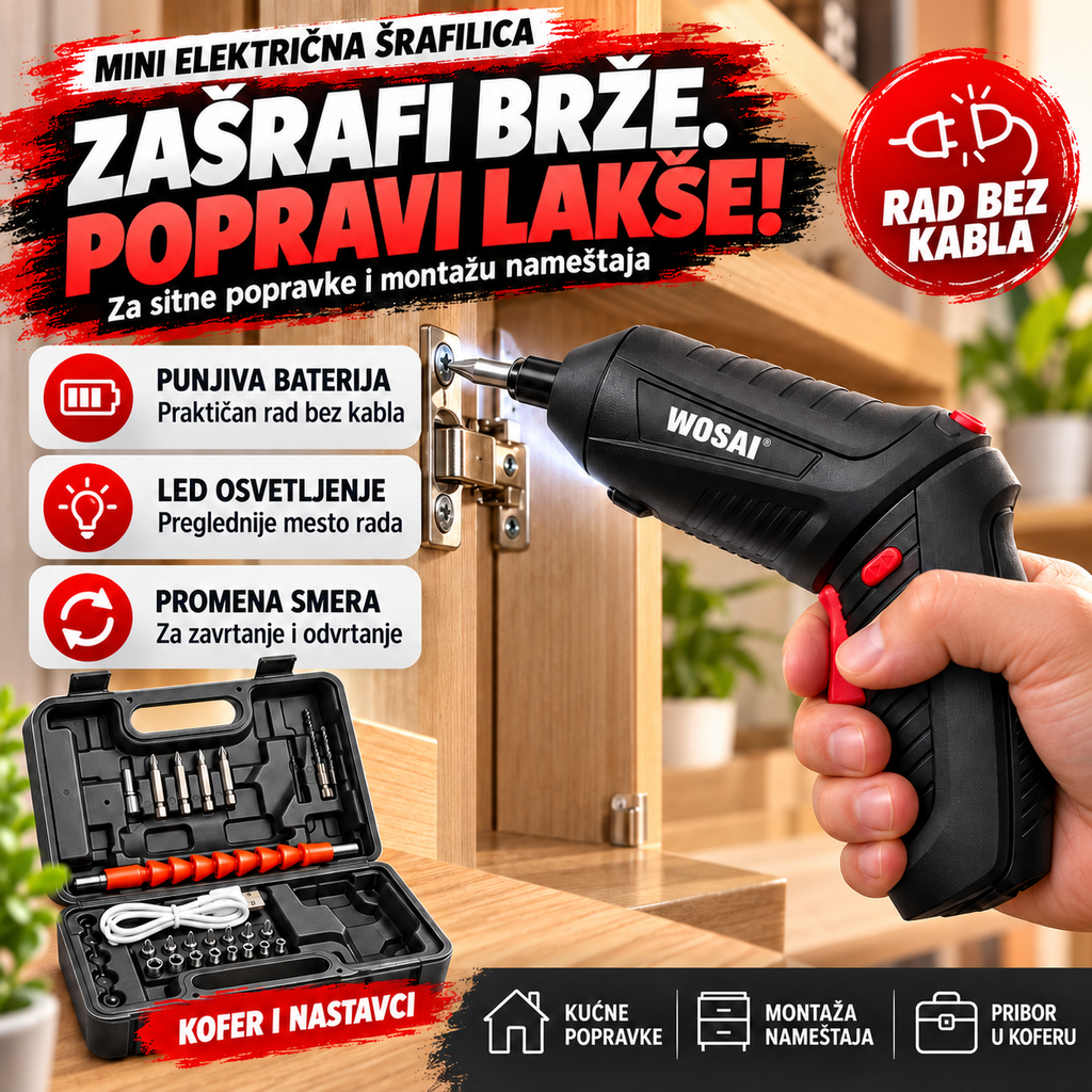 Mini akumulatorska šrafilica 4,2 V sa LED svetlom – praktičan pomoćnik za kućne popravke