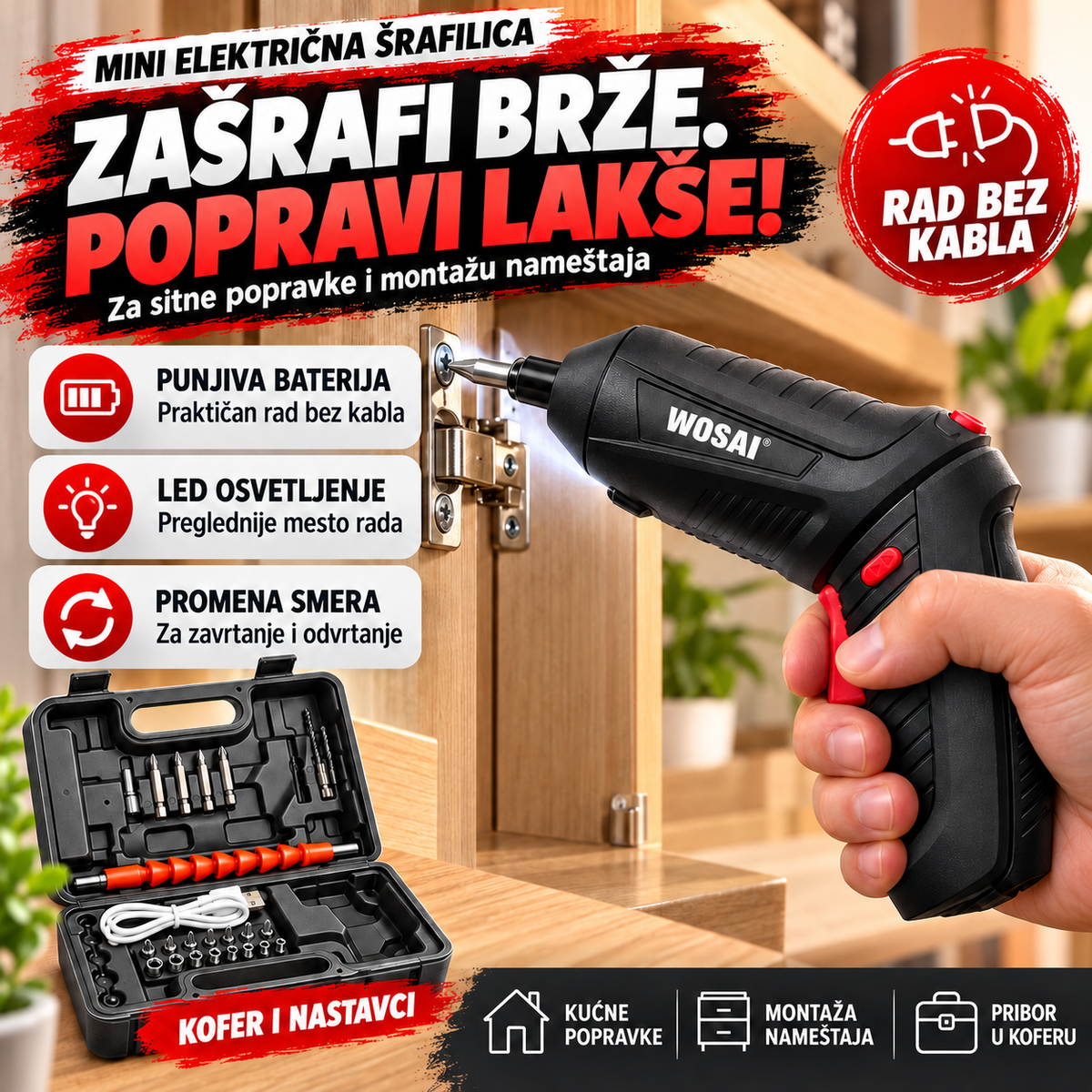 Mini akumulatorska šrafilica 4,2 V sa LED svetlom – praktičan pomoćnik za kućne popravke