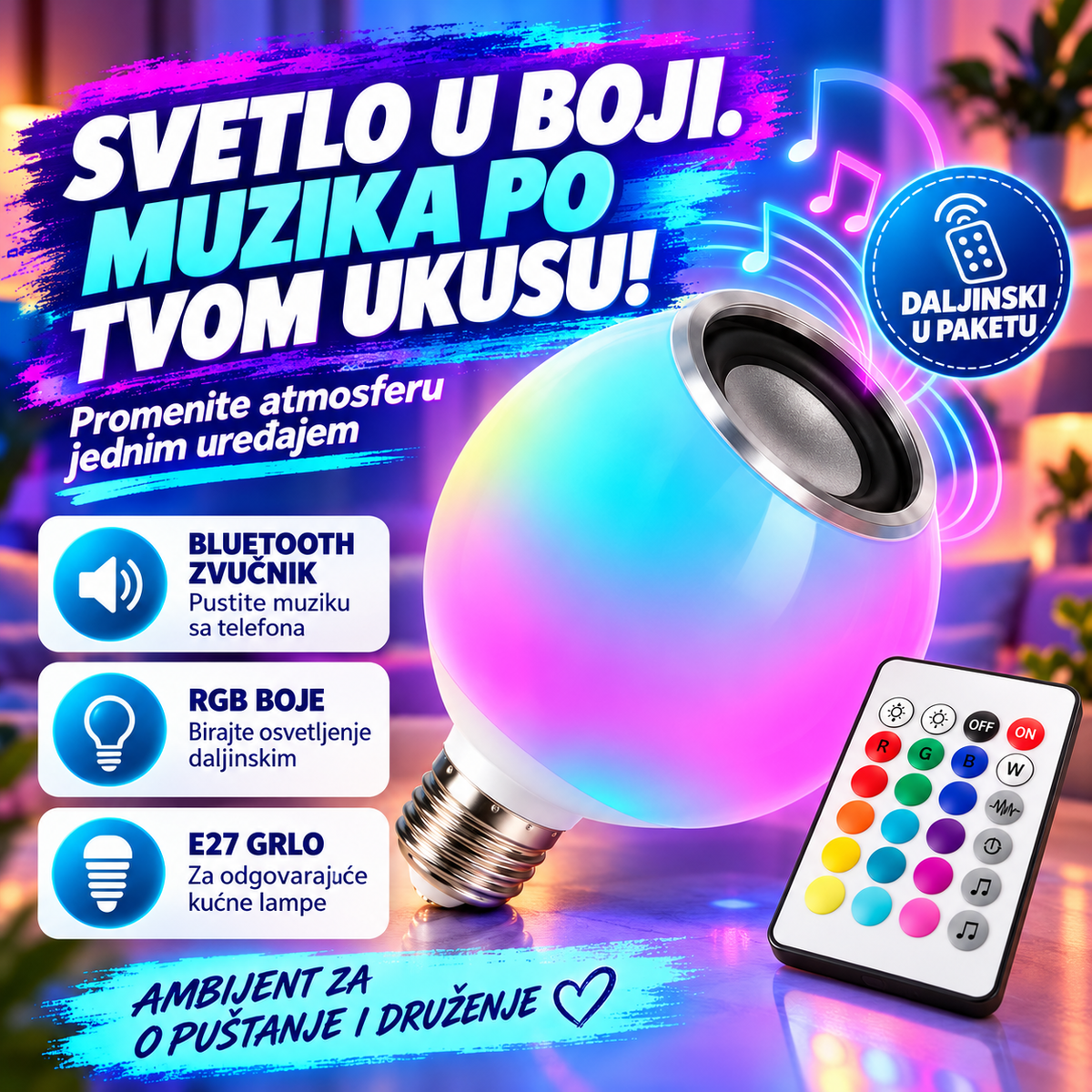 LED RGB Bluetooth sijalica sa zvučnikom – svetlo u boji i omiljena muzika u jednom