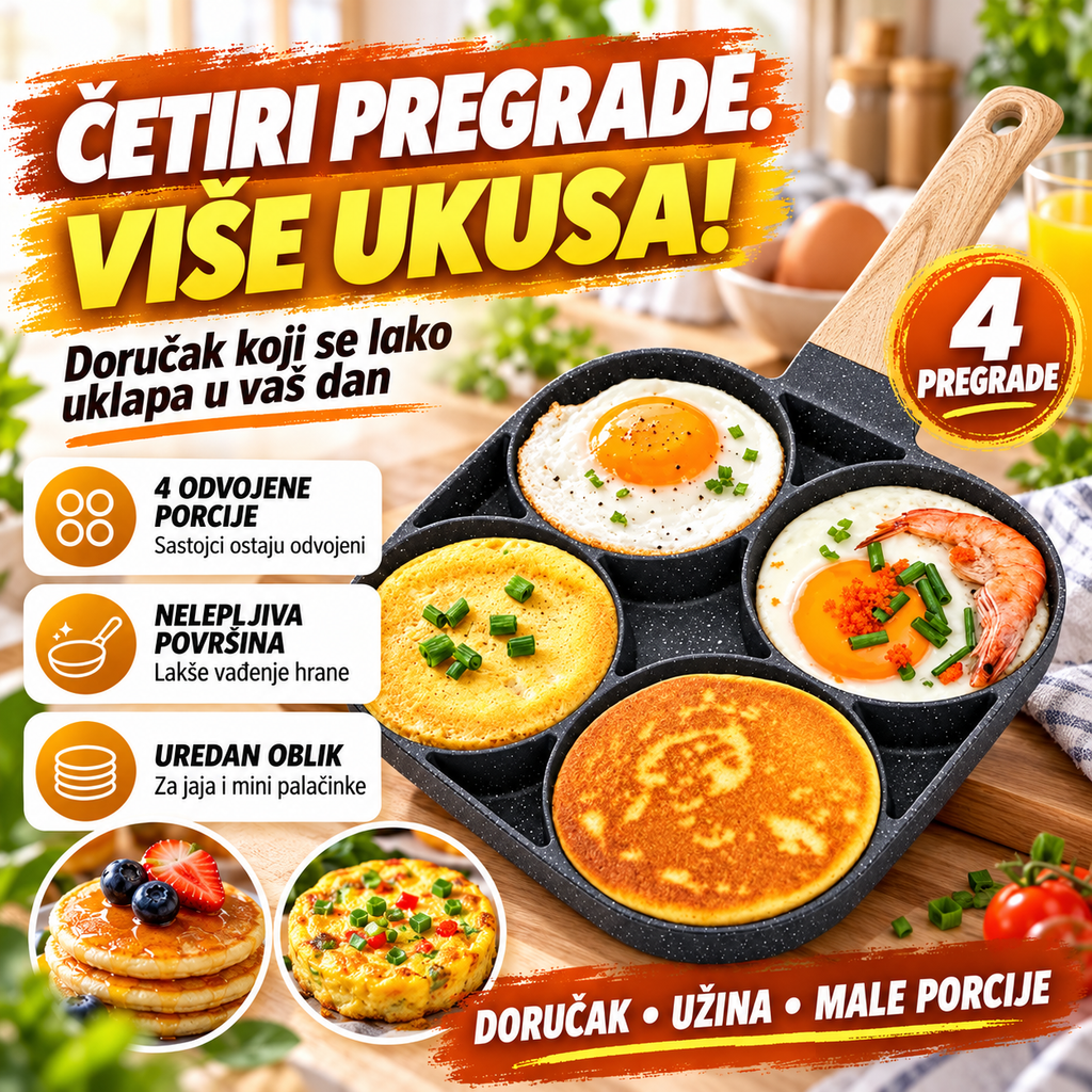 Tiganj sa 4 pregrade – uredan doručak i više porcija u jednom pečenju
