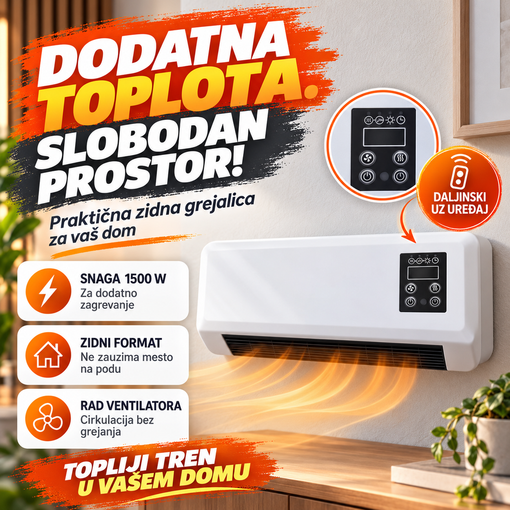 Zidna grejalica 1500 W sa daljinskim – dodatna toplota bez zauzimanja poda