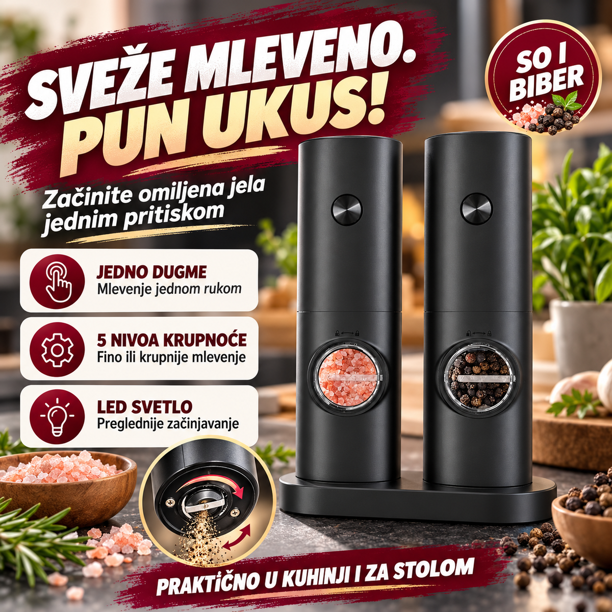 Električni mlin za so i biber sa LED svetlom – sveže mleveni začini jednim pritiskom
