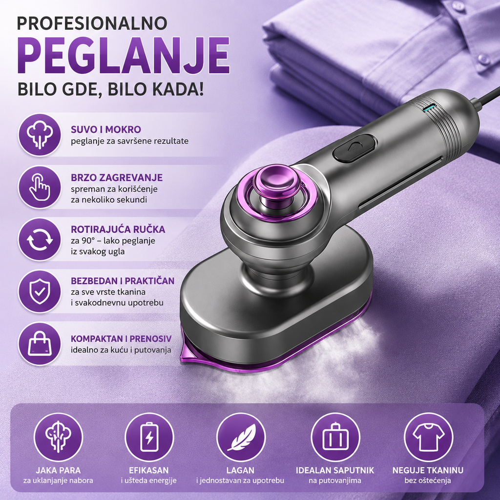 ANTOLE mini pegla na paru – prenosiva ručna pegla sa rotacijom od 180° za suvo i mokro peglanje