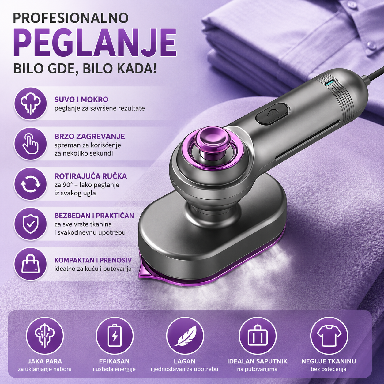 ANTOLE mini pegla na paru – prenosiva ručna pegla sa rotacijom od 180° za suvo i mokro peglanje