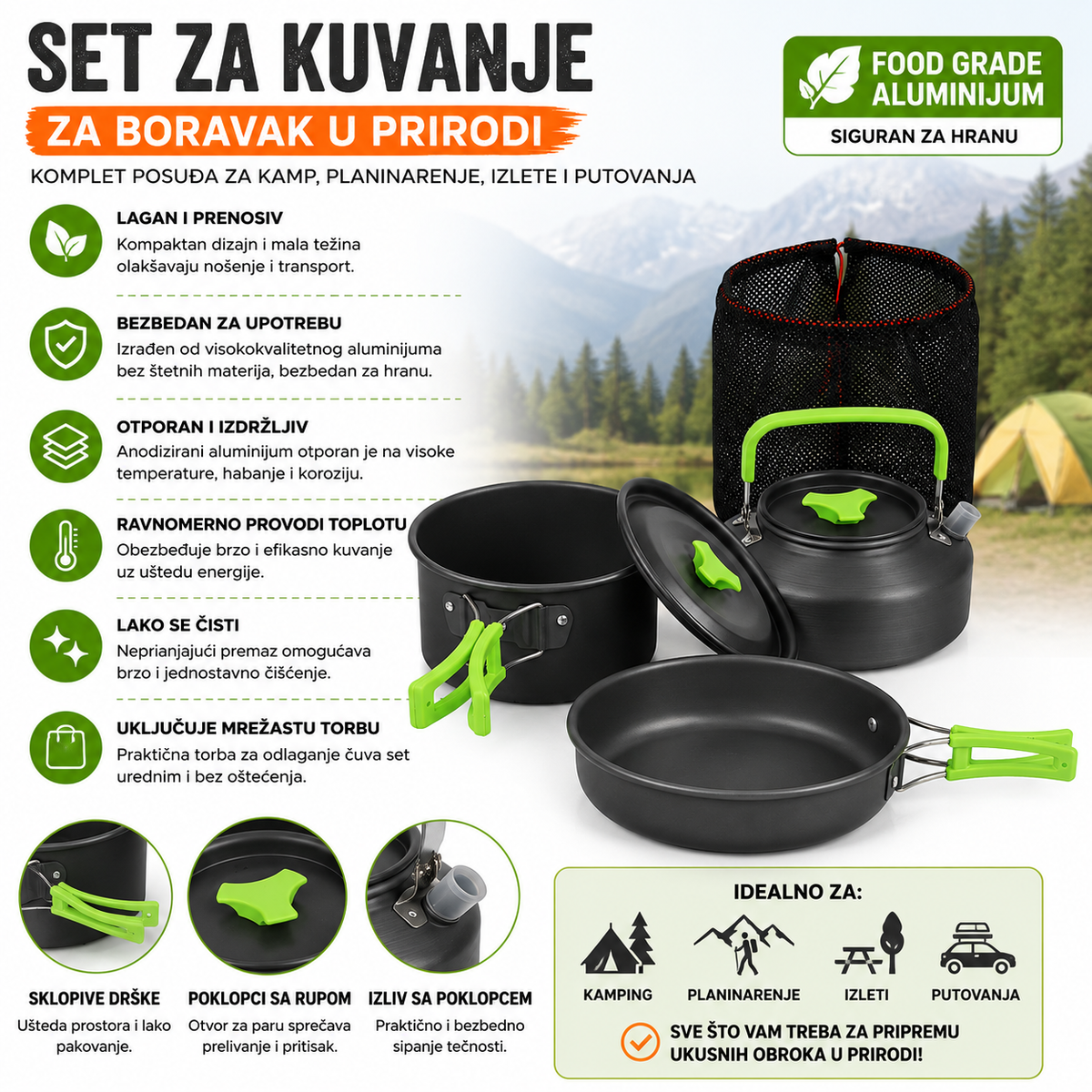 Hoquare kamperski set posuđa 6u1 za 2–3 osobe