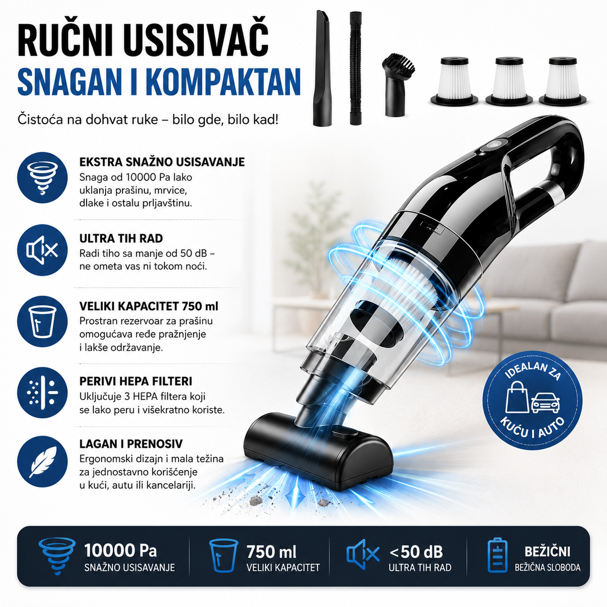 LanBlu LT-113CT bežični ručni usisivač za auto i dom