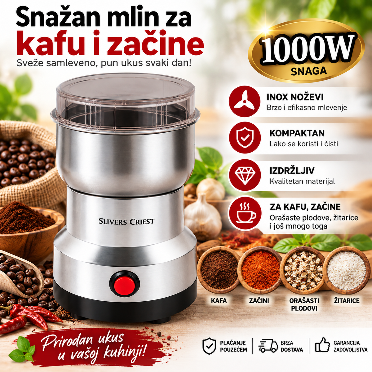 Električni mlin 1000W – za kafu, začine, orašaste plodove i žitarice