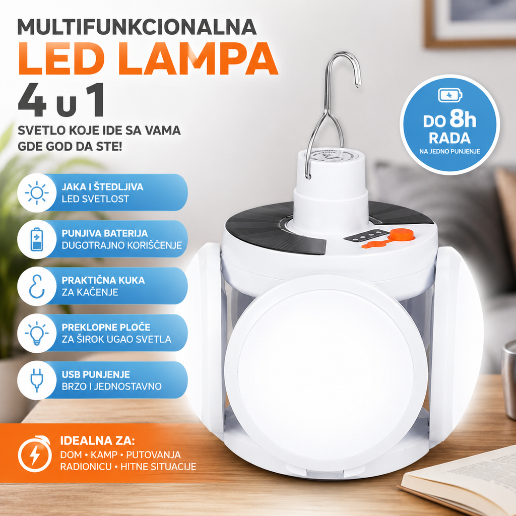 Sklopiva solarna LED lampa 50W sa USB punjenjem – 2 sijalice 1+1 GRATIS