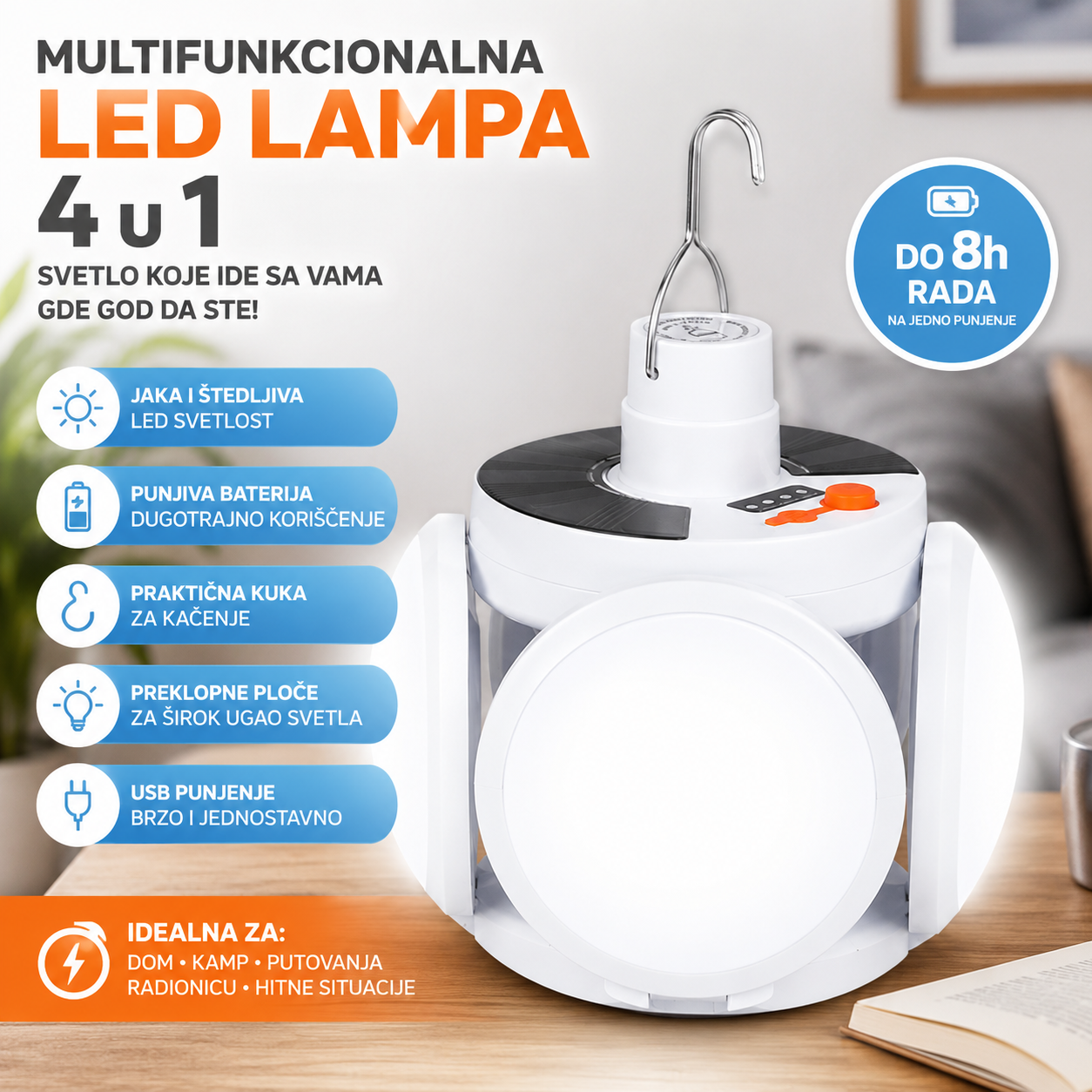 Sklopiva solarna LED lampa 50W sa USB punjenjem – 2 sijalice 1+1 GRATIS
