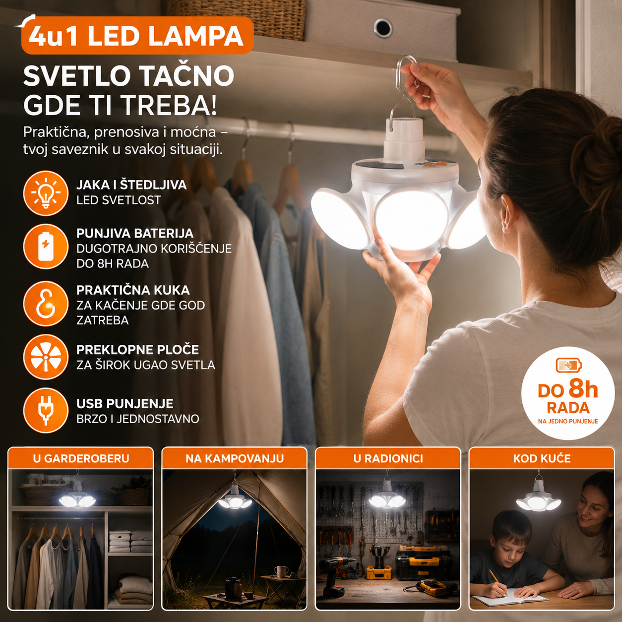 Sklopiva solarna LED lampa 50W sa USB punjenjem – 2 sijalice 1+1 GRATIS
