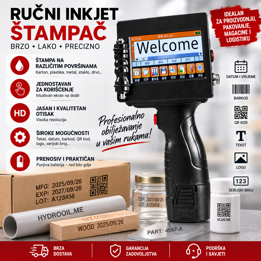 Ručni INKJET štampač 600 DPI – tekst, datum, logo, QR i barkod