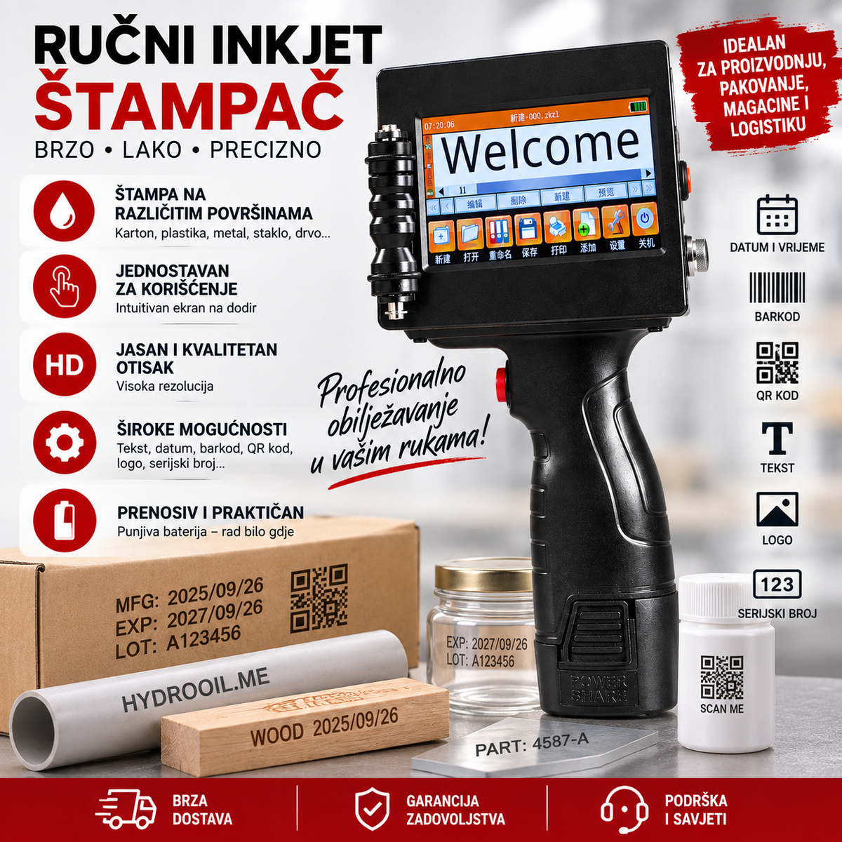 Ručni INKJET štampač 600 DPI – tekst, datum, logo, QR i barkod