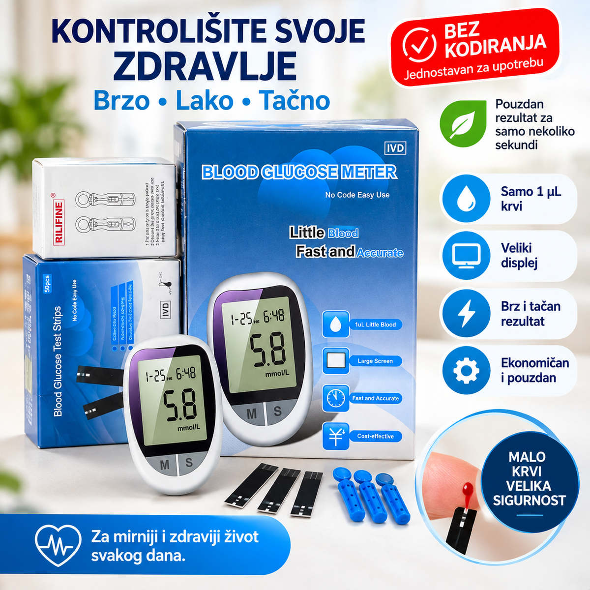 RILIFINE set za kućno merenje šećera u krvi – glukometar + test trake