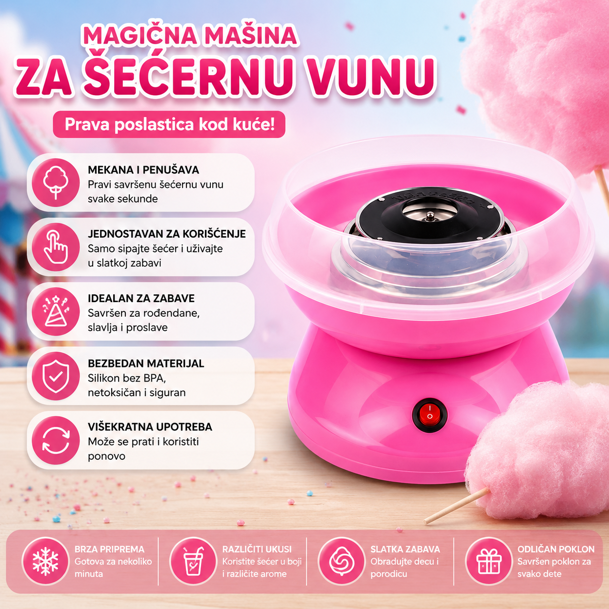 Aparat za šećernu vunu – kućna mašina za rođendane, zabave i porodična slavlja