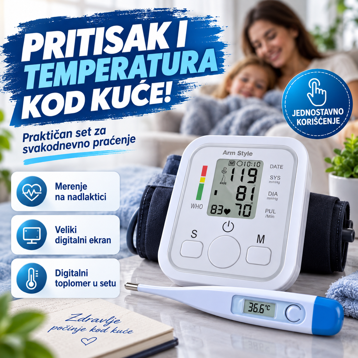 Digitalni merač krvnog pritiska za nadlakticu + digitalni toplomer