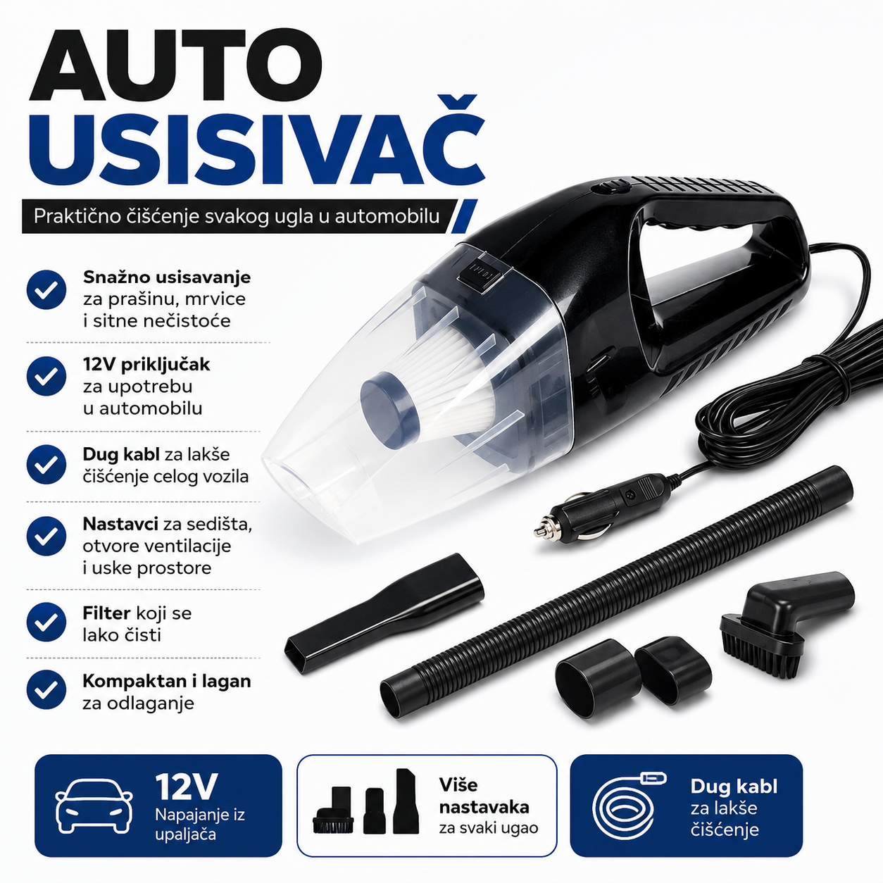 Mini auto usisivač CiaoBosi 12V 80W sa kablom 5m